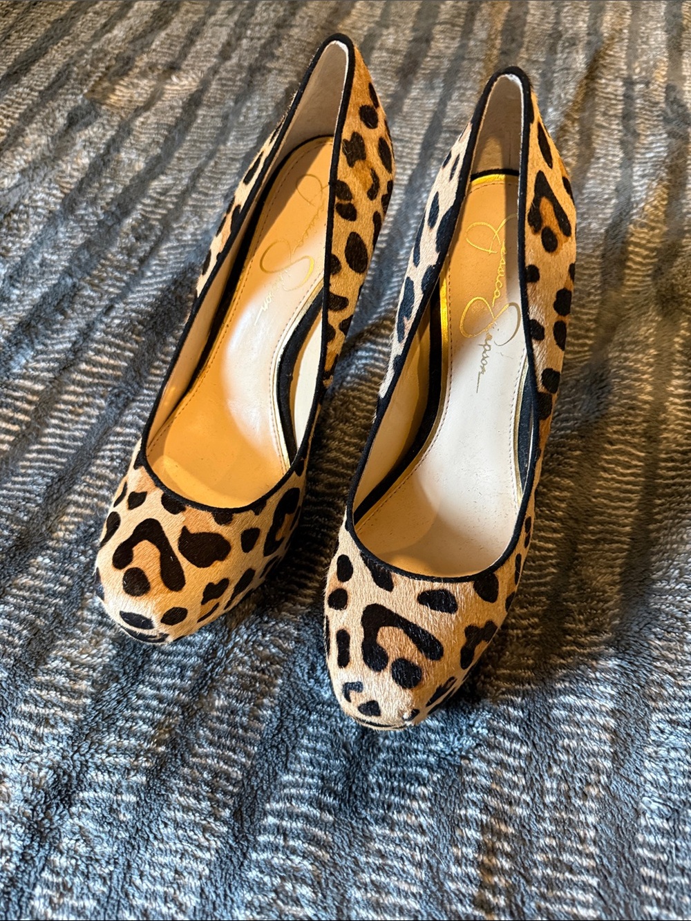 Jessica Simpson Leopard Haircalf Platform Heels in Tan and Black